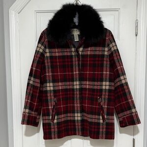 Eddie Bauer Plaid Women's Jacket with Faux Fur Detachable Collar